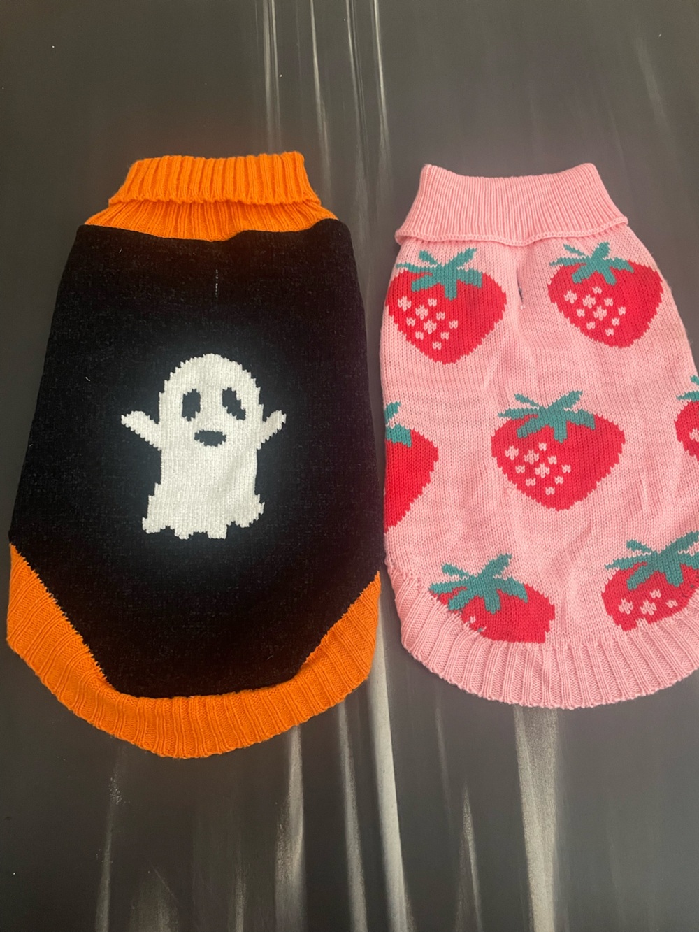 Black & Orange Ghost Knit Pet Sweater + Pink Strawberry Knit Pet Sweater